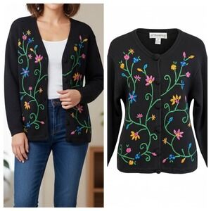 VTG Victoria Harbour Floral Embroidered Cardigan Sweater Sz M Ramie Pearls Retro